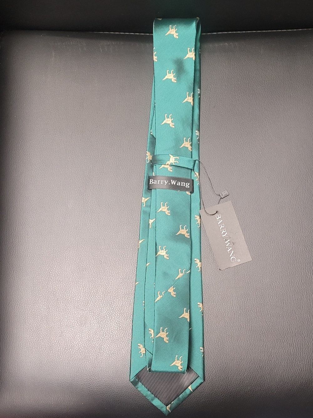 Barry Wang Green Silk Tie with Gold Dinosaur Motif